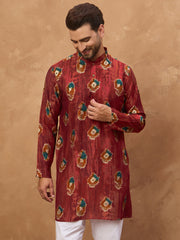 Ethnic Bay Men Red Viscose Rayon Ethnic Motifs Printed Straight Kurta-MKU1544