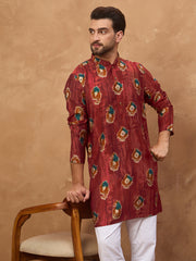 Ethnic Bay Men Red Viscose Rayon Ethnic Motifs Printed Straight Kurta-MKU1544