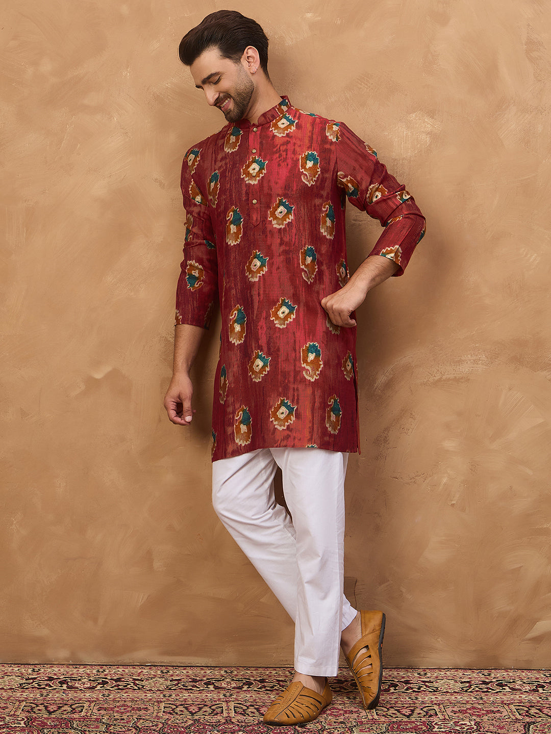 Ethnic Bay Men Red Viscose Rayon Ethnic Motifs Printed Straight Kurta-MKU1544