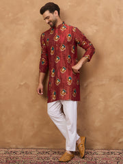 Ethnic Bay Men Red Viscose Rayon Ethnic Motifs Printed Straight Kurta-MKU1544