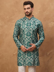 Ethnic Bay Men Green Cotton Blend Ethnic Motifs Printed Straight Kurta-MKU1545