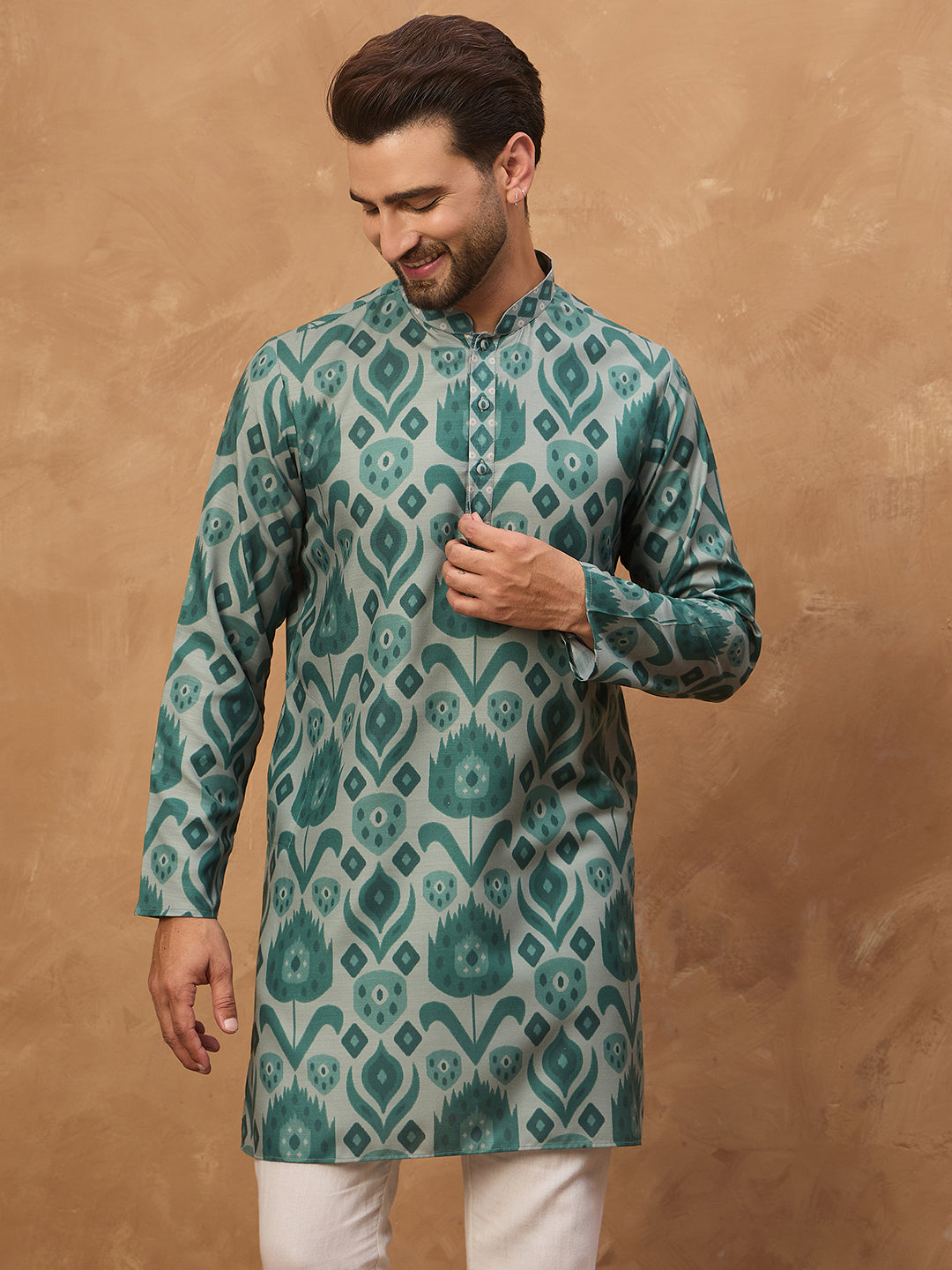 Ethnic Bay Men Green Cotton Blend Ethnic Motifs Printed Straight Kurta-MKU1545