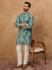 Ethnic Bay Men Green Cotton Blend Ethnic Motifs Printed Straight Kurta-MKU1545