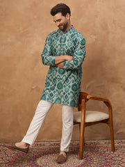 Ethnic Bay Men Green Cotton Blend Ethnic Motifs Printed Straight Kurta-MKU1545