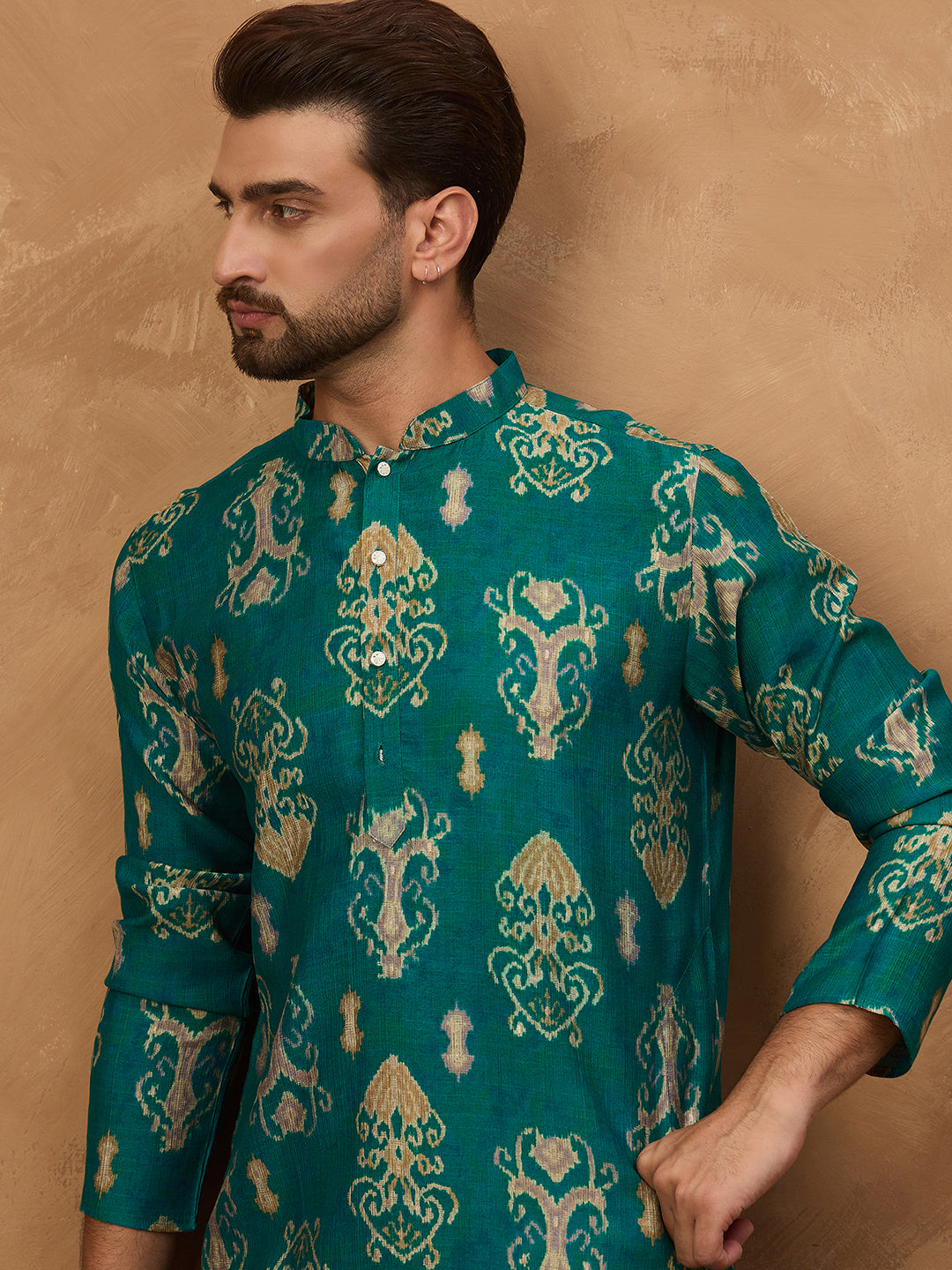 Ethnic Bay Men Blue Viscose Rayon Ikat Printed Straight Kurta-MKU1546