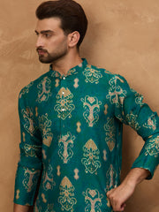 Ethnic Bay Men Blue Viscose Rayon Ikat Printed Straight Kurta-MKU1546