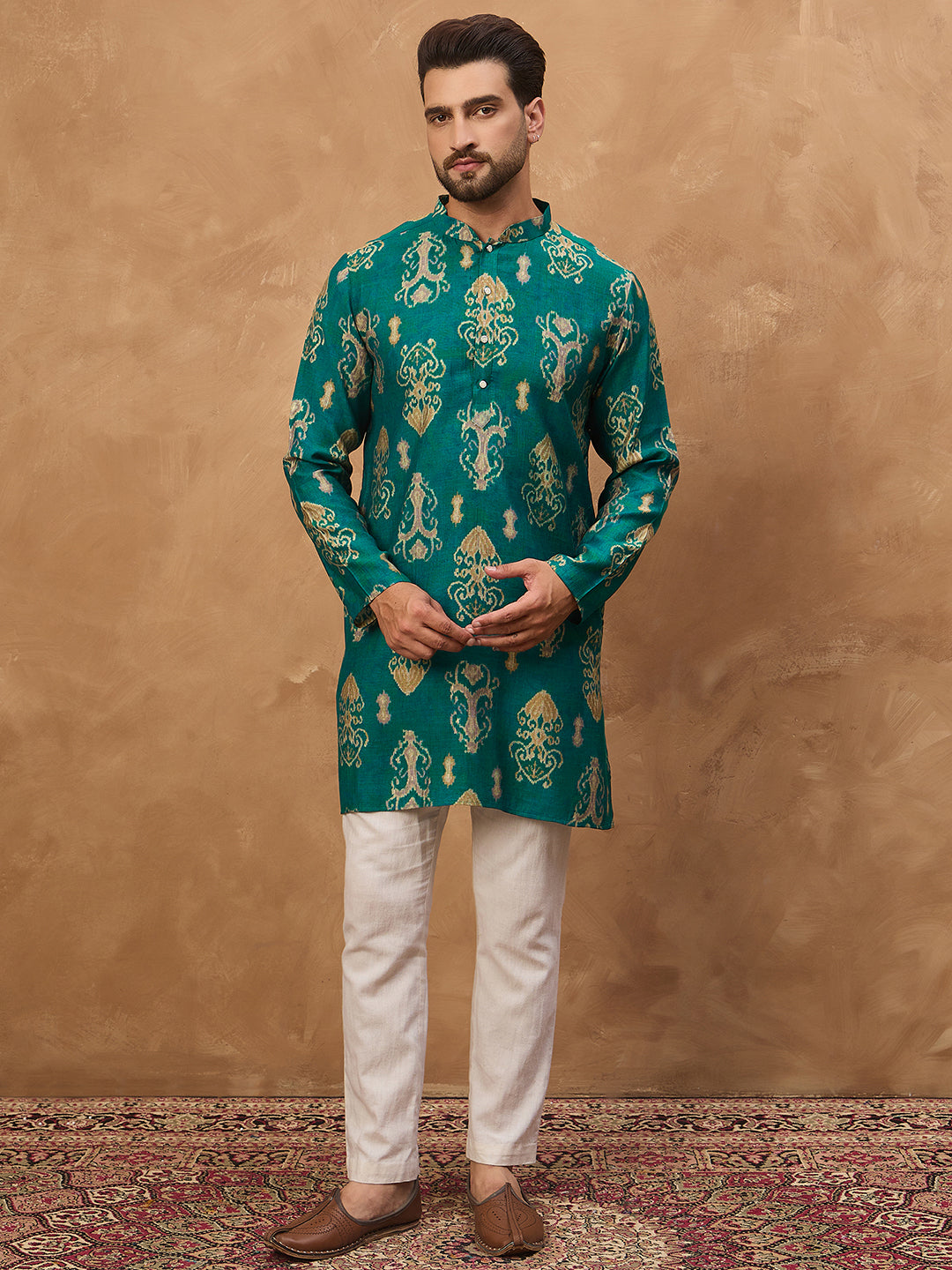 Ethnic Bay Men Blue Viscose Rayon Ikat Printed Straight Kurta-MKU1546