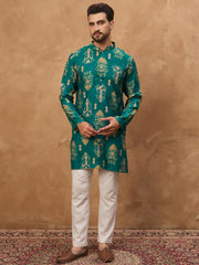 Ethnic Bay Men Blue Viscose Rayon Ikat Printed Straight Kurta-MKU1546