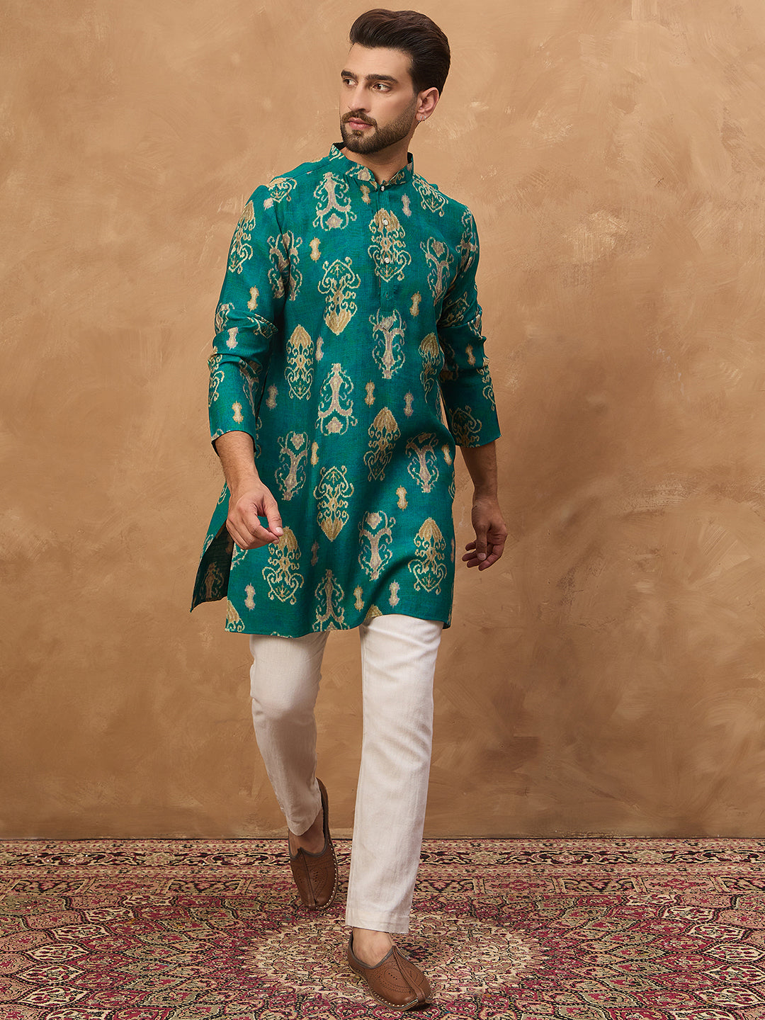 Ethnic Bay Men Blue Viscose Rayon Ikat Printed Straight Kurta-MKU1546