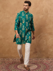 Ethnic Bay Men Blue Viscose Rayon Ikat Printed Straight Kurta-MKU1546