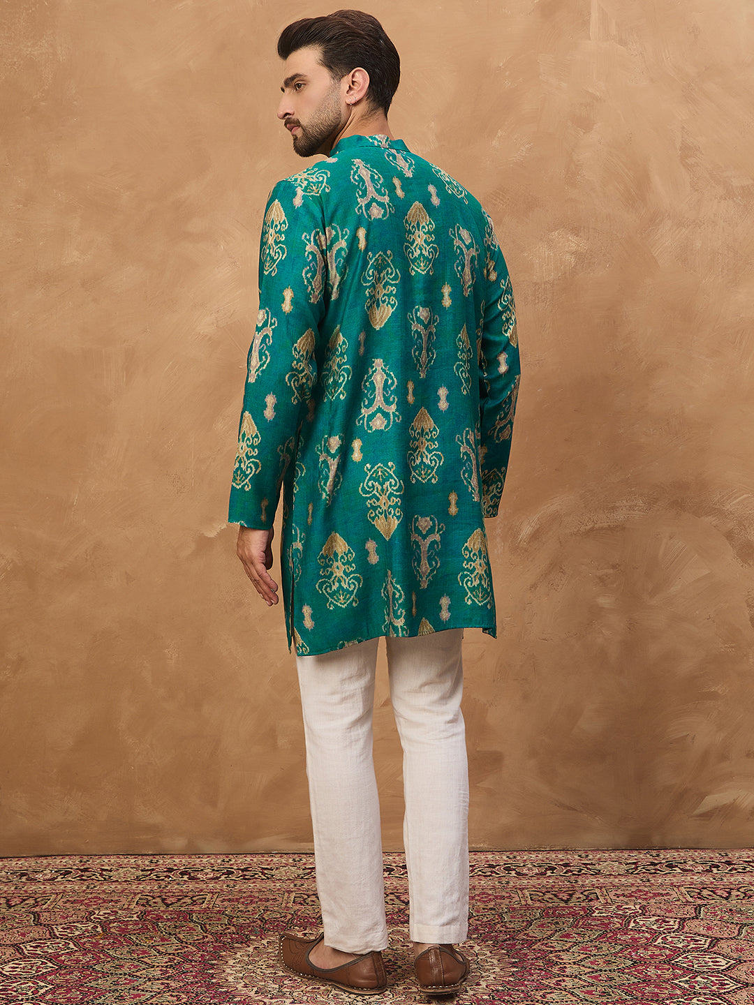 Ethnic Bay Men Blue Viscose Rayon Ikat Printed Straight Kurta-MKU1546