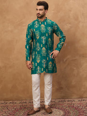 Ethnic Bay Men Blue Viscose Rayon Ikat Printed Straight Kurta-MKU1546