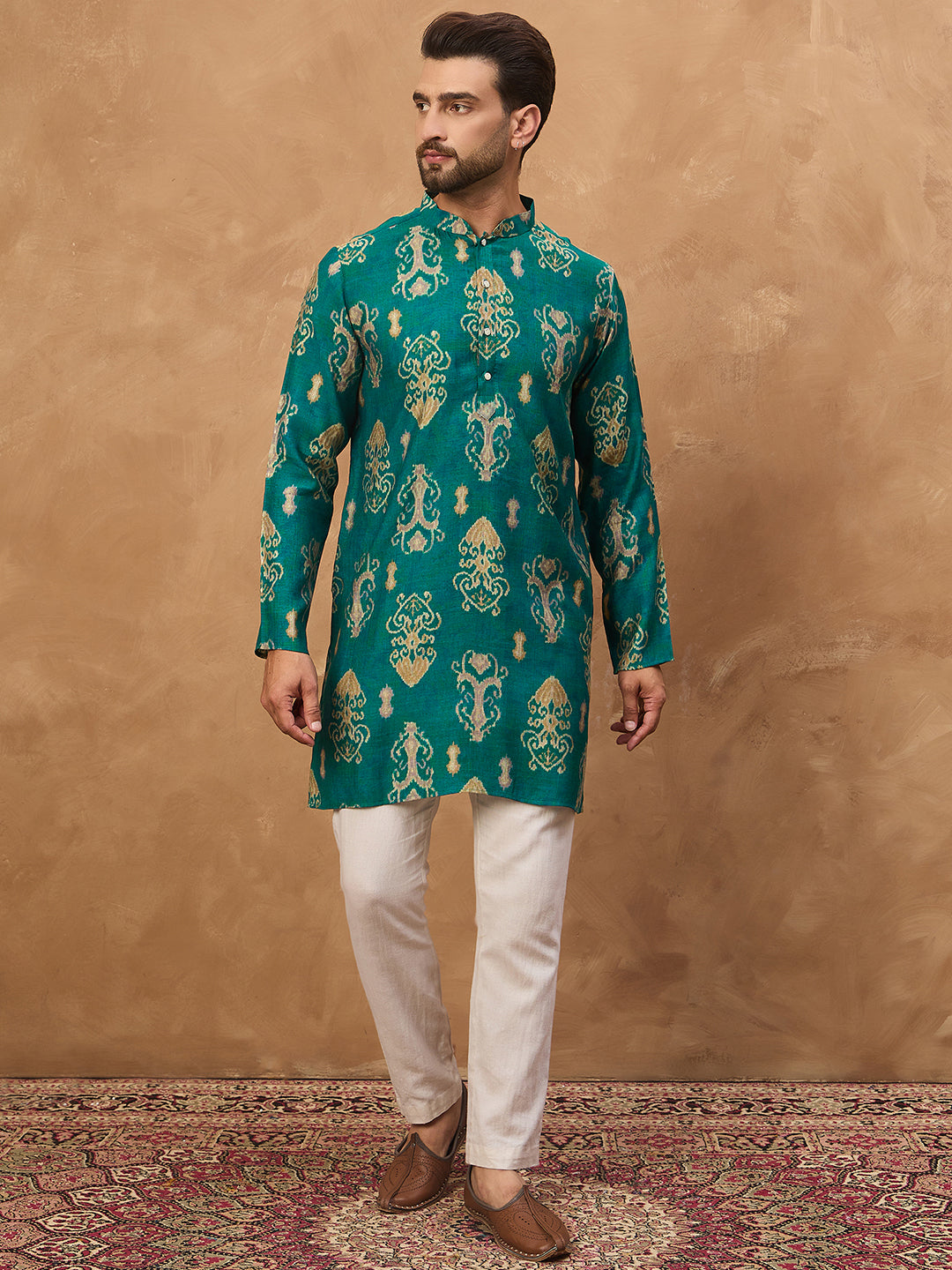 Ethnic Bay Men Blue Viscose Rayon Ikat Printed Straight Kurta-MKU1546