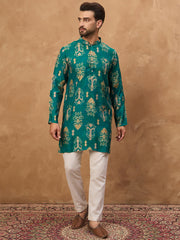 Ethnic Bay Men Blue Viscose Rayon Ikat Printed Straight Kurta-MKU1546