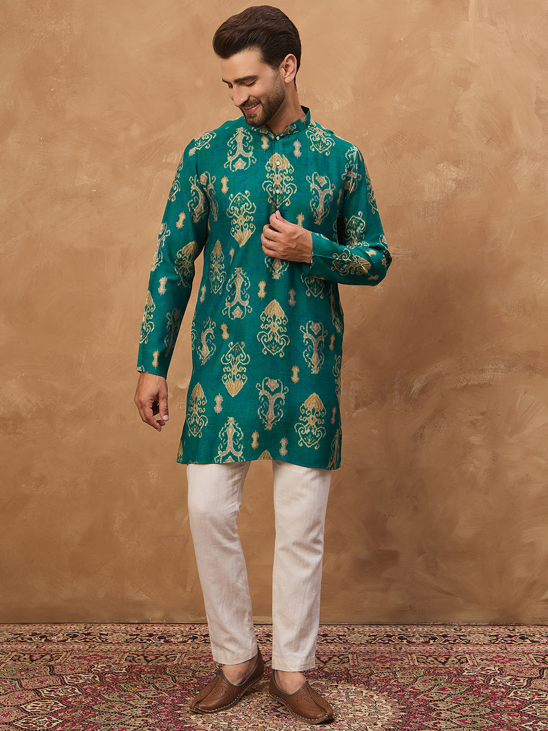 Ethnic Bay Men Blue Viscose Rayon Ikat Printed Straight Kurta-MKU1546