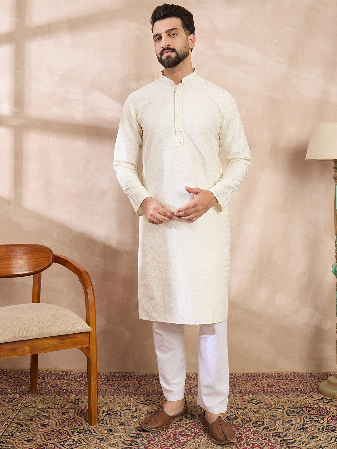 Ethnic Bay Men White Silk Blend Geometric Embroidered Straight Kurta