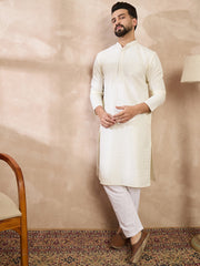 Ethnic Bay Men White Silk Blend Geometric Embroidered Straight Kurta-MKU1547