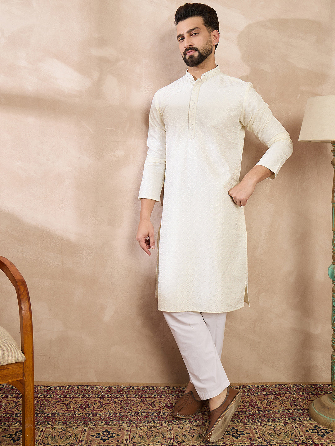 Ethnic Bay Men White Silk Blend Geometric Embroidered Straight Kurta