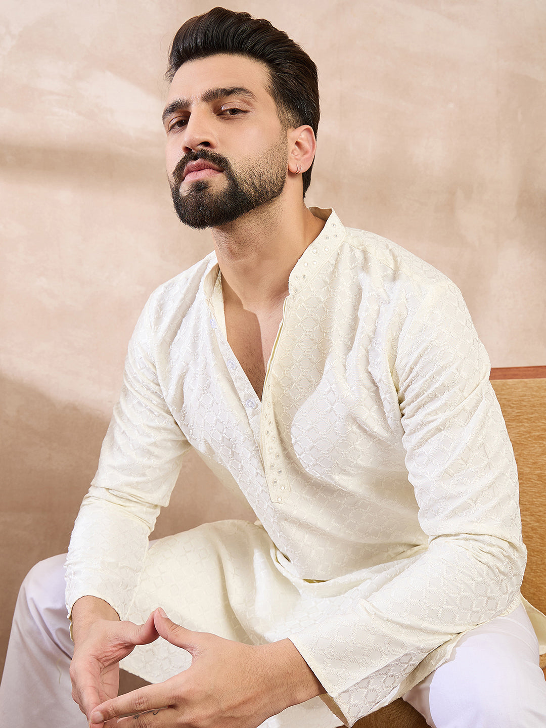 Ethnic Bay Men White Silk Blend Geometric Embroidered Straight Kurta