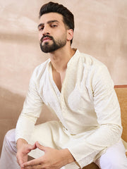 Ethnic Bay Men White Silk Blend Geometric Embroidered Straight Kurta-MKU1547