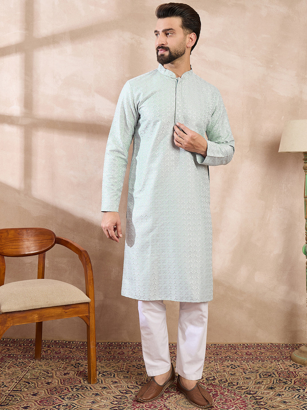 Ethnic Bay Men Blue Silk Blend Geometric Embroidered Straight Kurta