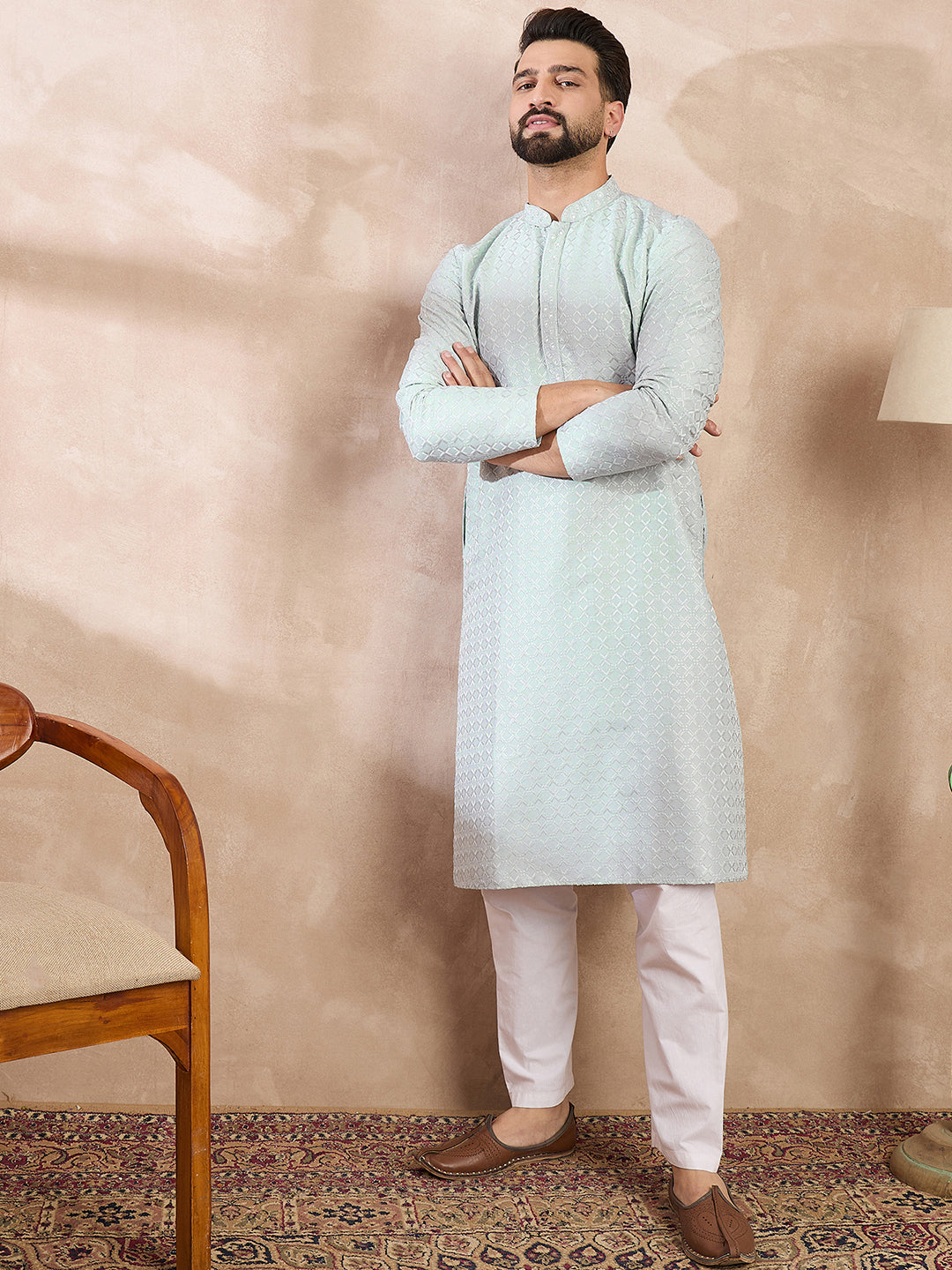 Ethnic Bay Men Blue Silk Blend Geometric Embroidered Straight Kurta