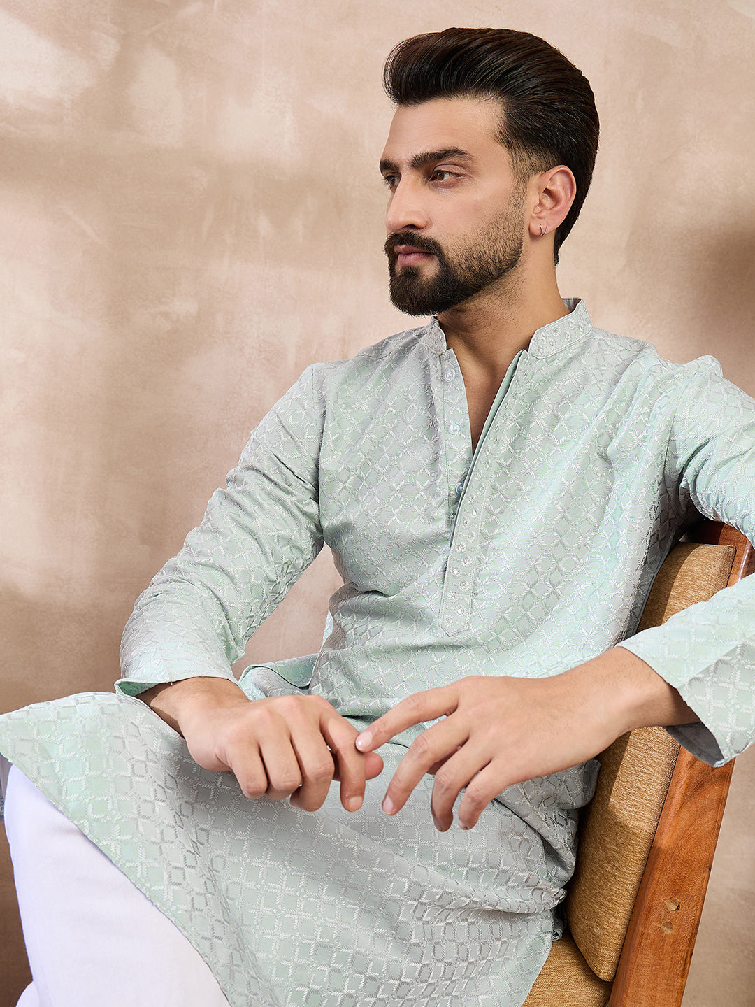 Ethnic Bay Men Blue Silk Blend Geometric Embroidered Straight Kurta