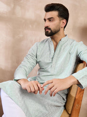 Ethnic Bay Men Blue Silk Blend Geometric Embroidered Straight Kurta-MKU1548