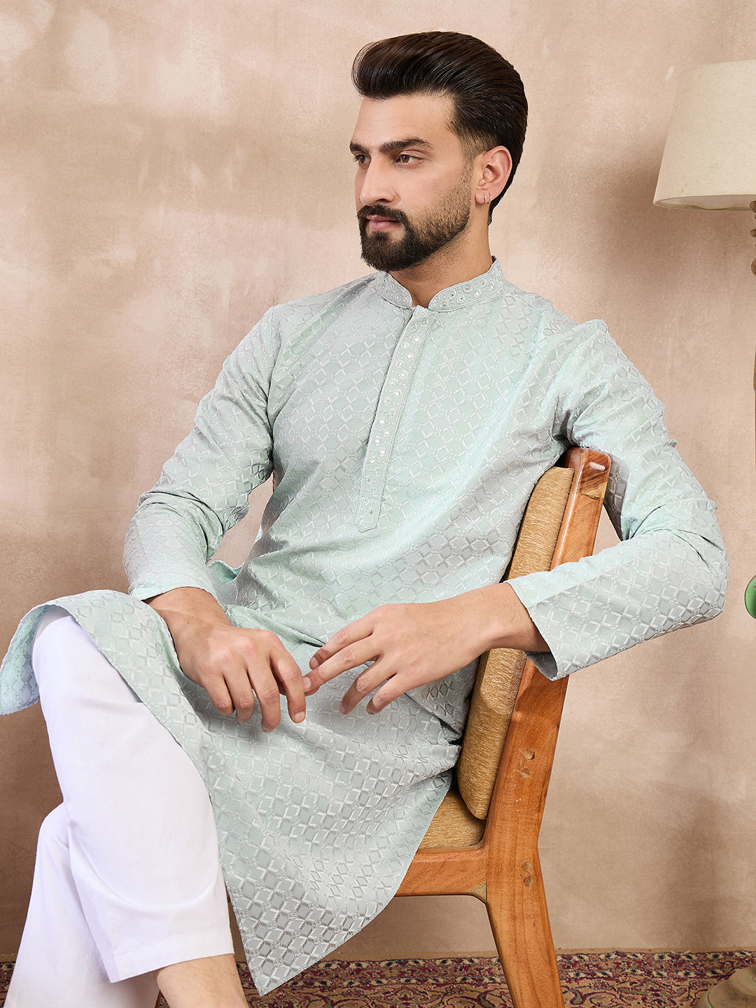 Ethnic Bay Men Blue Silk Blend Geometric Embroidered Straight Kurta