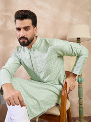 Ethnic Bay Men Green Silk Blend Geometric Embroidered Straight Kurta-MKU1549