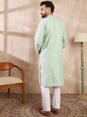 Ethnic Bay Men Green Silk Blend Geometric Embroidered Straight Kurta-MKU1549