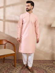 Ethnic Bay Men Pink Silk Blend Geometric Embroidered Straight Kurta-MKU1550