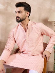 Ethnic Bay Men Pink Silk Blend Geometric Embroidered Straight Kurta-MKU1550