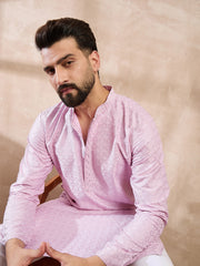 Ethnic Bay Men Purple Silk Blend Geometric Embroidered Straight Kurta-MKU1551