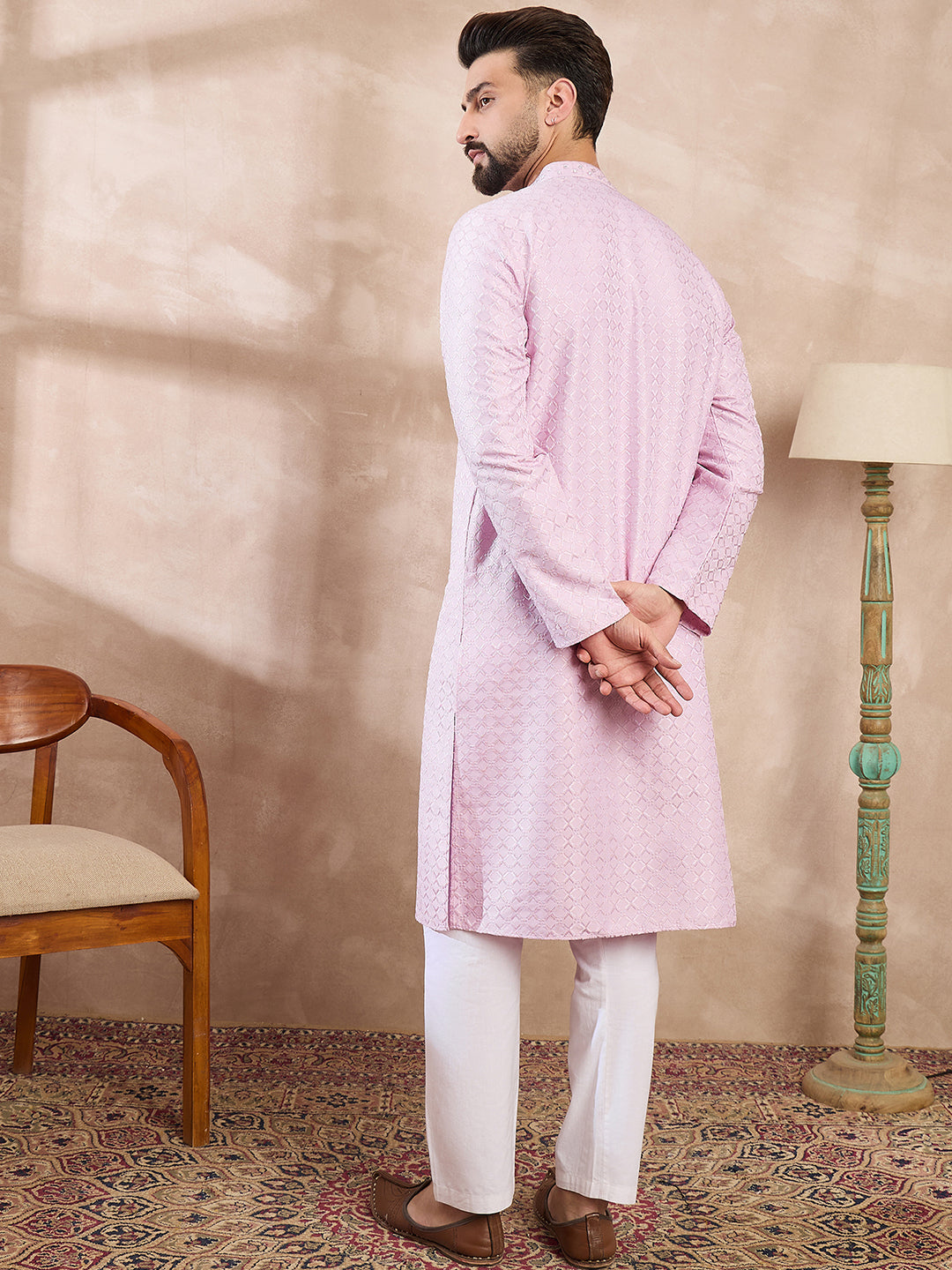 Ethnic Bay Men Purple Silk Blend Geometric Embroidered Straight Kurta