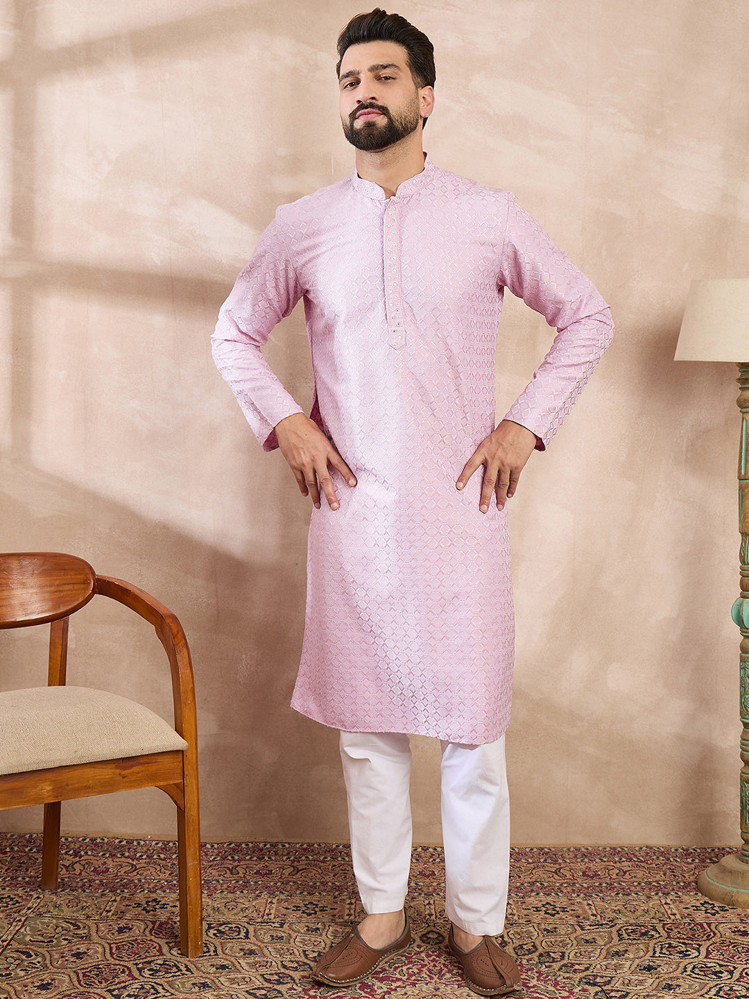 Ethnic Bay Men Purple Silk Blend Geometric Embroidered Straight Kurta
