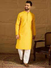 Ethnic Bay Men Yellow Viscose Rayon Solid Embroidered Straight Kurta-MKU1552
