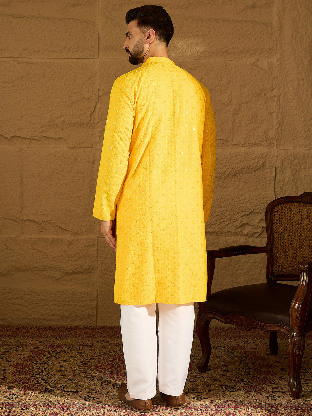 Ethnic Bay Men Yellow Viscose Rayon Solid Embroidered Straight Kurta-MKU1552