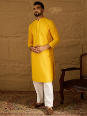 Ethnic Bay Men Yellow Viscose Rayon Solid Embroidered Straight Kurta-MKU1552