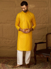 Ethnic Bay Men Yellow Viscose Rayon Solid Embroidered Straight Kurta-MKU1552