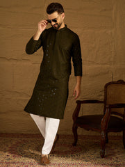 Ethnic Bay Men Olive Viscose Rayon Solid Embroidered Straight Kurta-MKU1553