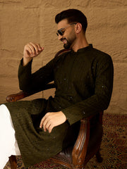 Ethnic Bay Men Olive Viscose Rayon Solid Embroidered Straight Kurta-MKU1553