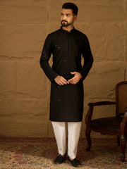 Ethnic Bay Men Black Viscose Rayon Solid Embroidered Straight Kurta-MKU1554