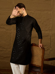 Ethnic Bay Men Black Viscose Rayon Solid Embroidered Straight Kurta-MKU1554