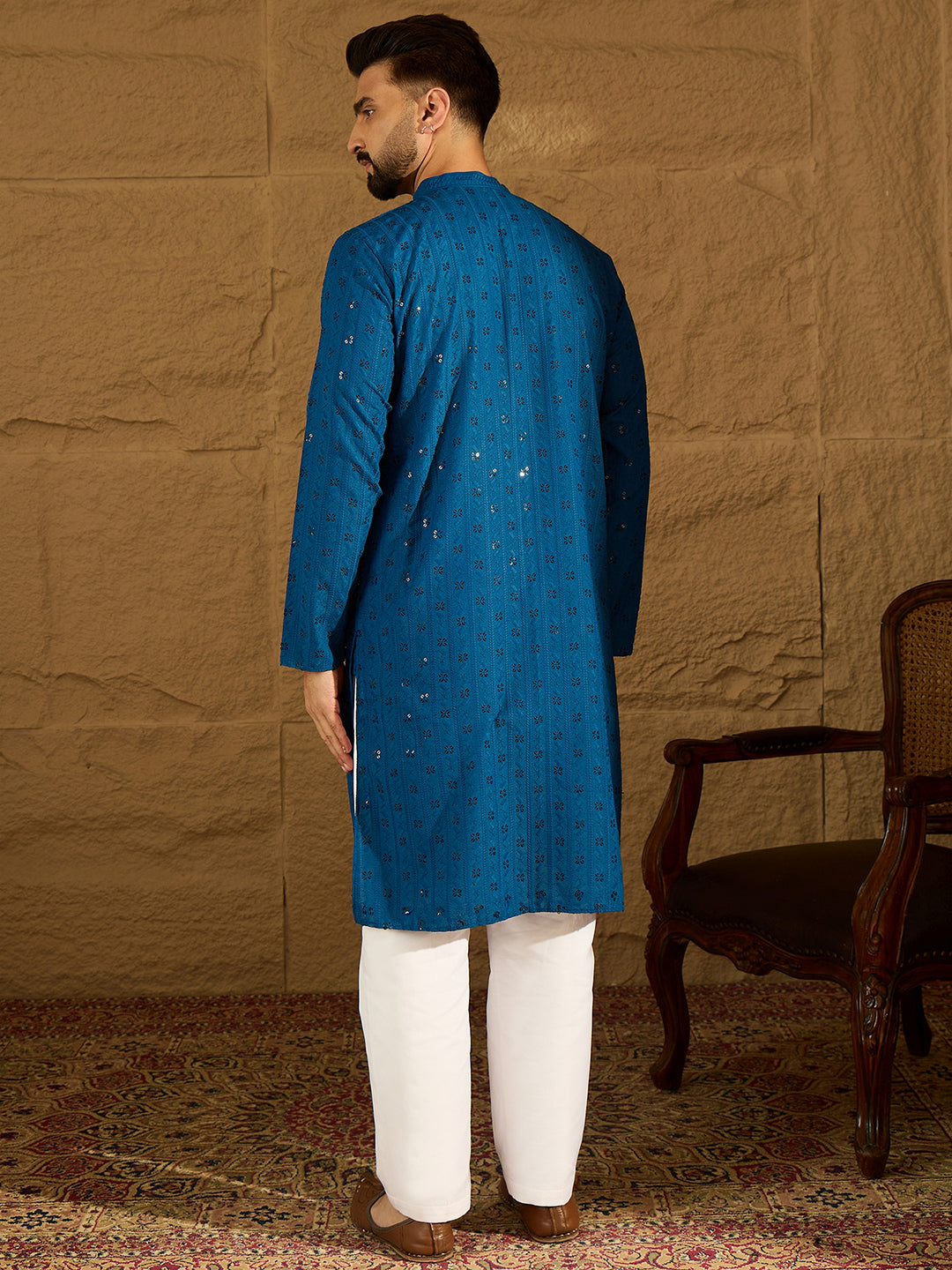 Ethnic Bay Men Blue Viscose Rayon Solid Embroidered Straight Kurta-MKU1555