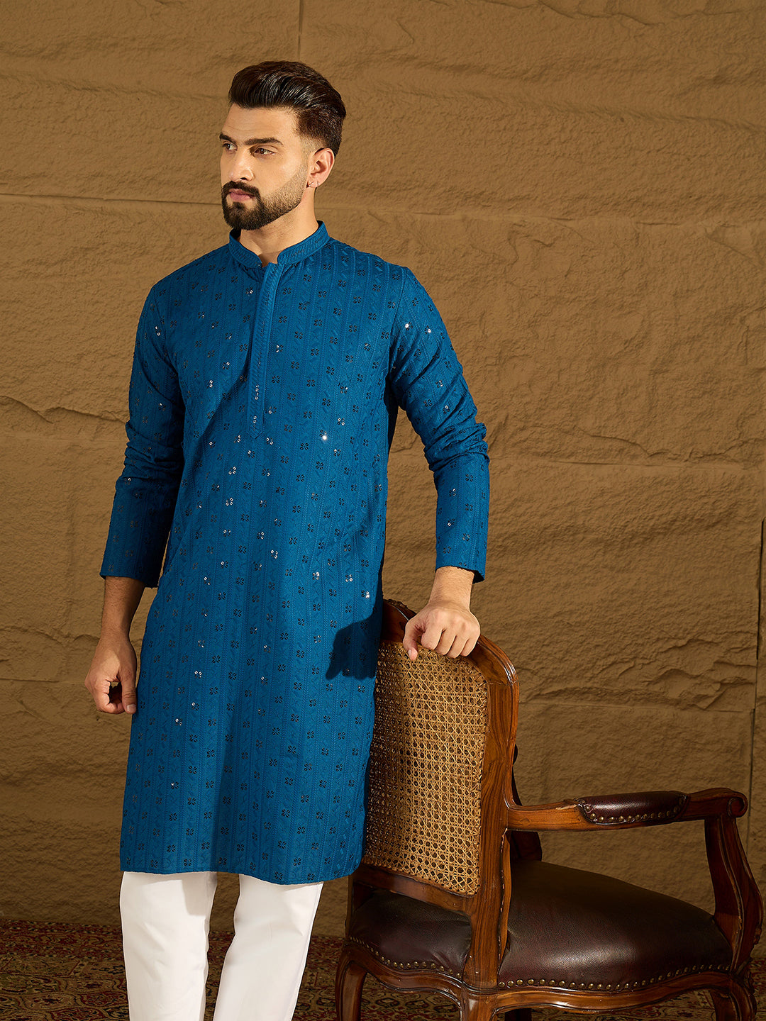 Ethnic Bay Men Blue Viscose Rayon Solid Embroidered Straight Kurta-MKU1555