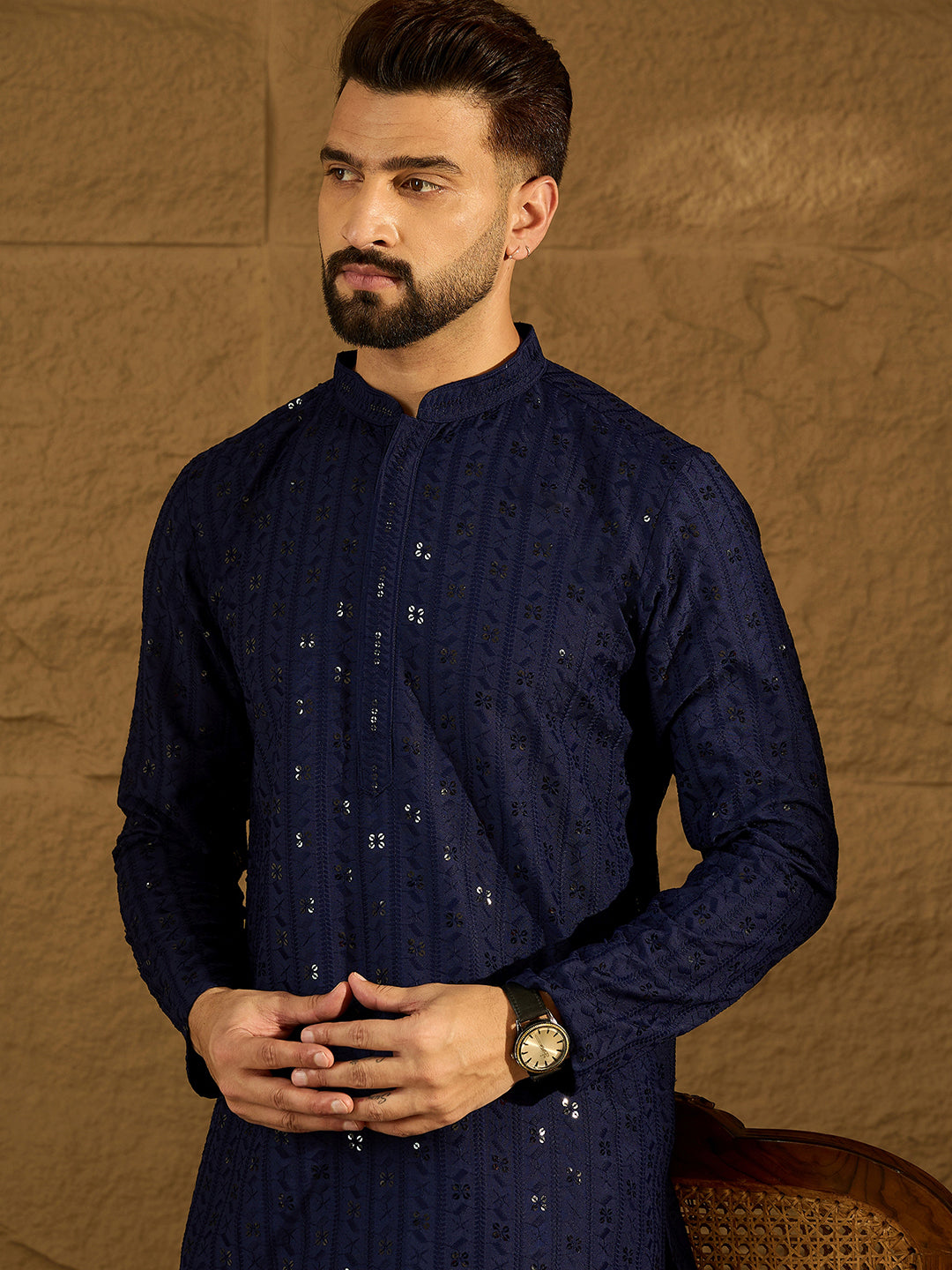 Ethnic Bay Men Navy Blue Viscose Rayon Solid Embroidered Straight Kurta-MKU1556