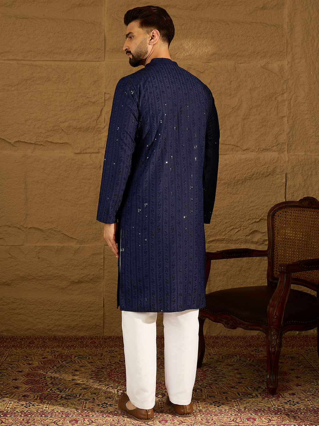 Ethnic Bay Men Navy Blue Viscose Rayon Solid Embroidered Straight Kurta-MKU1556