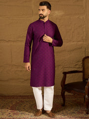 Ethnic Bay Men Purple Viscose Rayon Solid Embroidered Straight Kurta-MKU1557