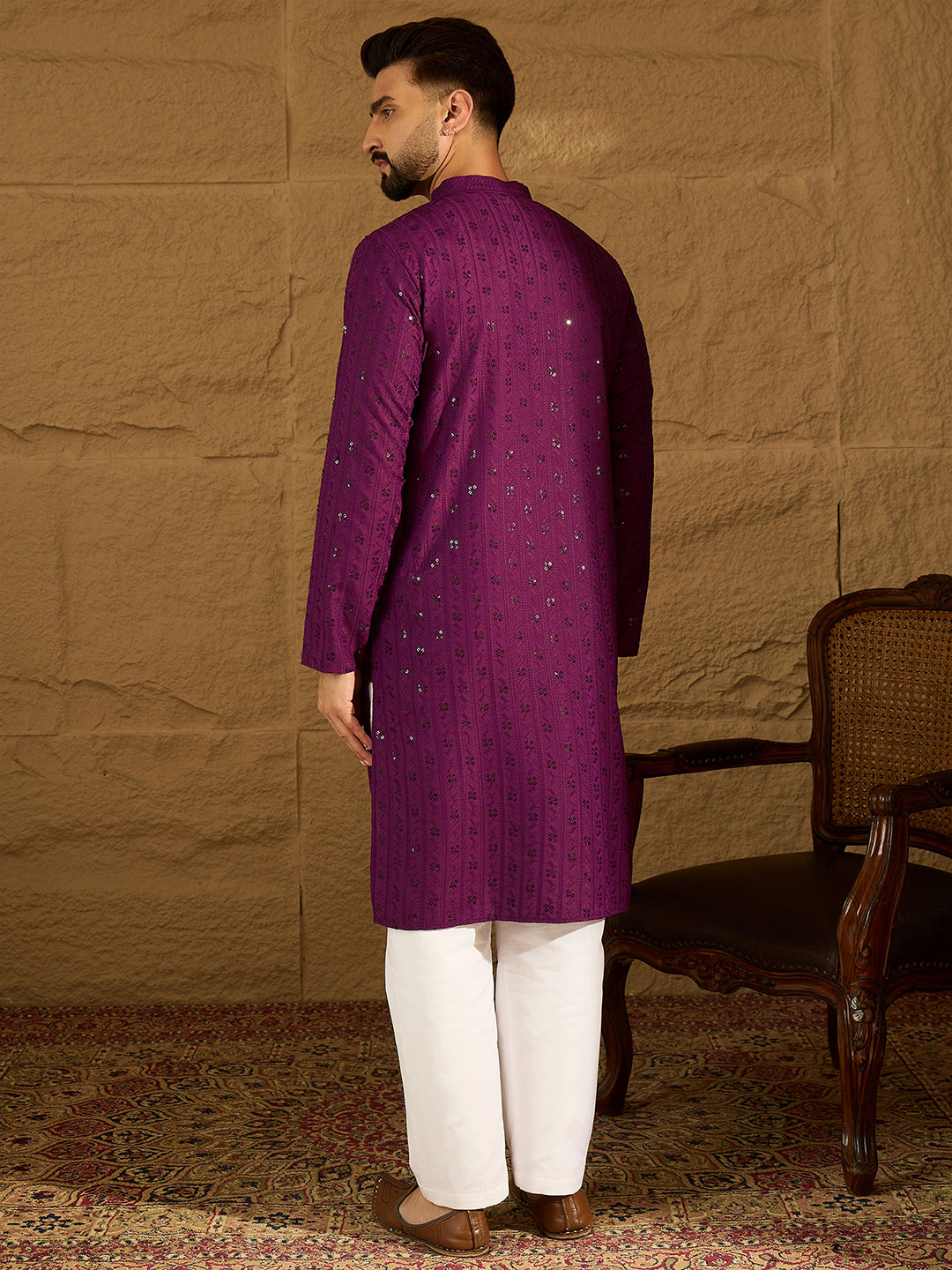 Ethnic Bay Men Purple Viscose Rayon Solid Embroidered Straight Kurta-MKU1557